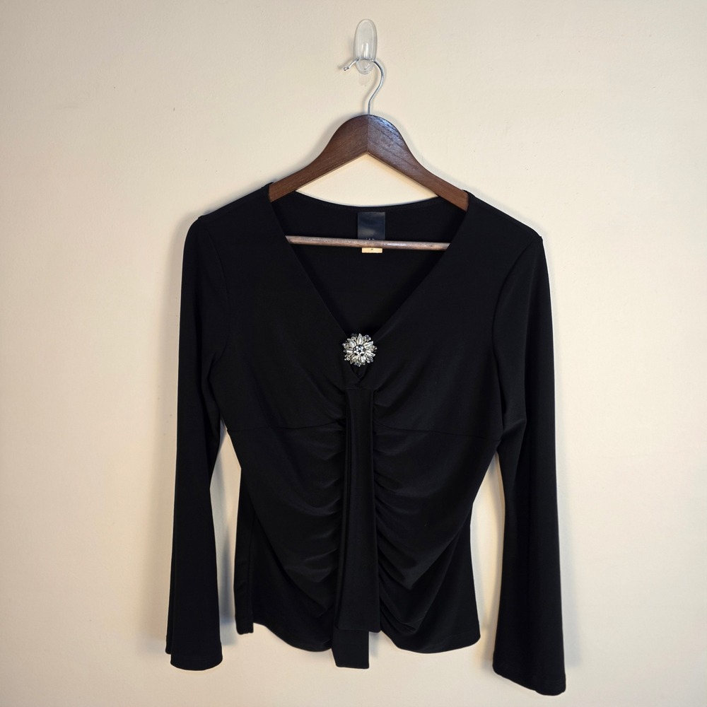 VTG Y2K j.t.b.‎ Blouse Women Medium Black Bell Sleeve Rhinestone Brooch Ruched
